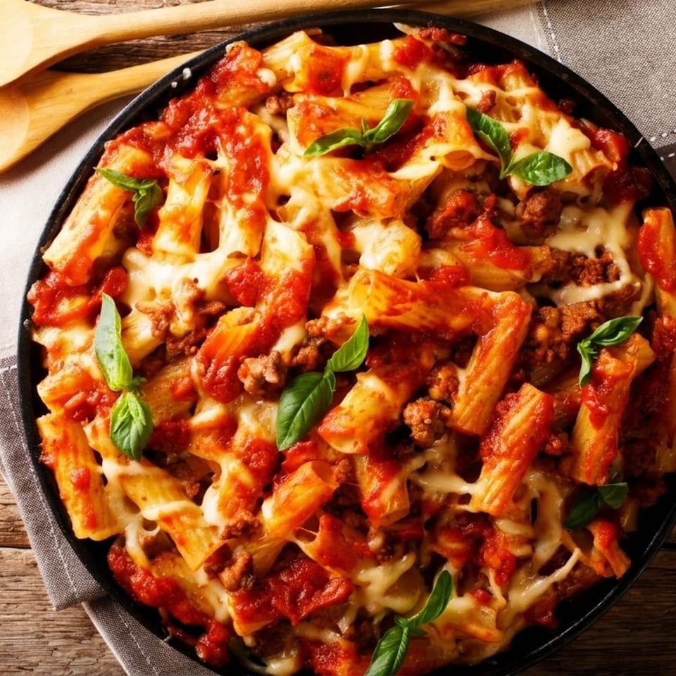 Baked ziti pasta with meat, tomato sauce, melted cheese, and basil in a black pan.