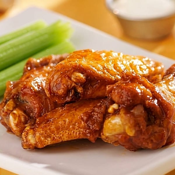 Glossy brown chicken wings and celery sticks on a white rectangular plate with dipping sauce.