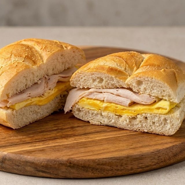 Sliced Turkey, Egg, & Cheese Sandwich.